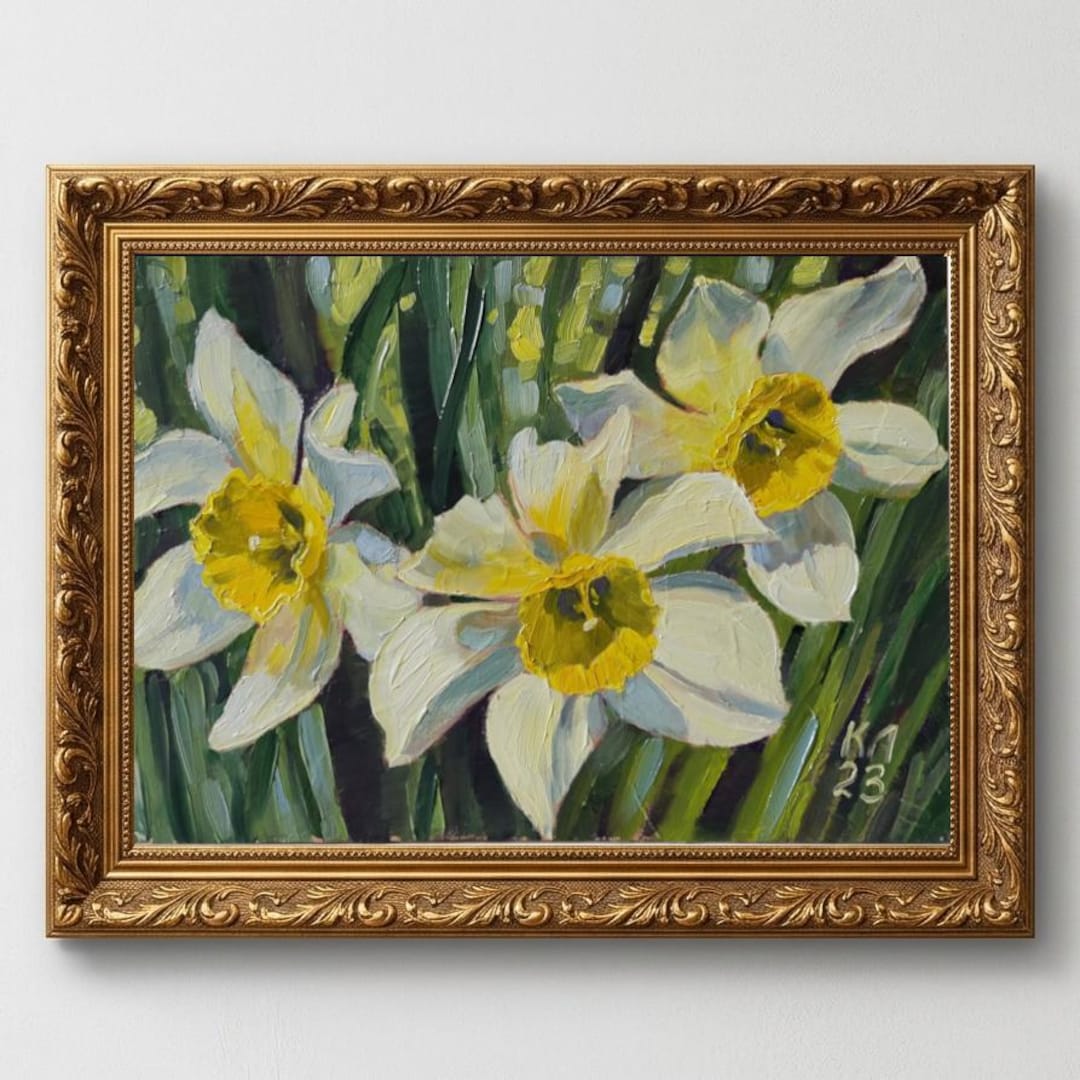 水仙油絵 水仙の花の油絵：花の風景画（下地処理済みキャンバスパネル 8×12