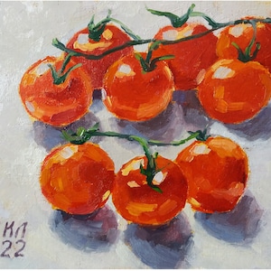 Pintura al óleo, Cereza roja, Bodegón de tomate, 18 x 19 cm