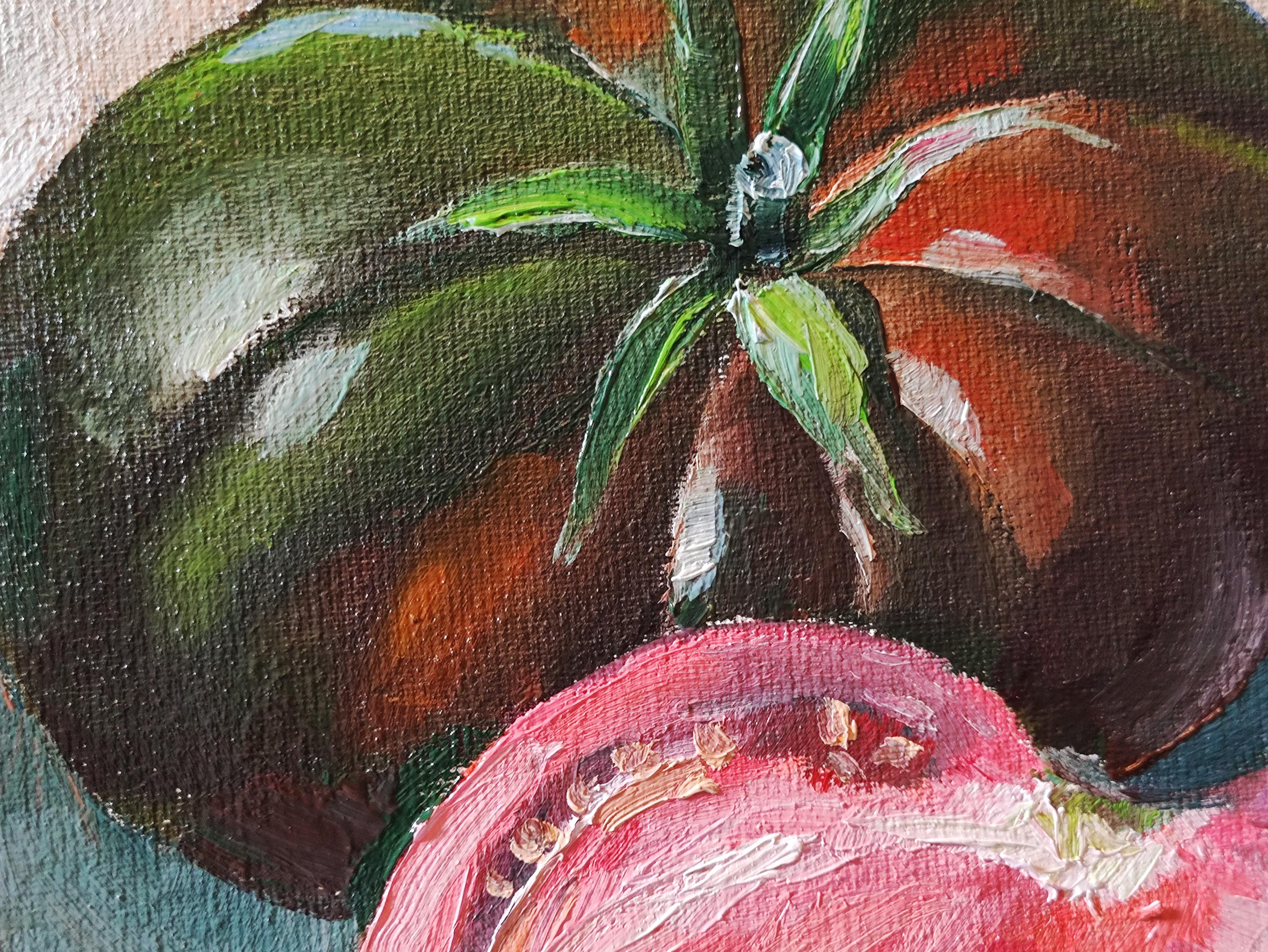 トマトの油絵：キャンバスに描かれたキッチンの静物画（7.8 x 11.8