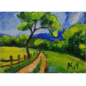 Paisaje primaveral, tarjeta ACEO, pintura al óleo ACEO, pintura al óleo floral, bellas artes florales, 3,5 x 2,5 pulgadas