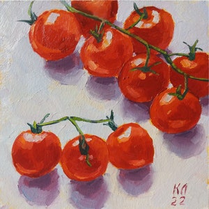 Pequeña pintura al óleo, Cereza roja, Pintura al óleo de tomate, 7,8 X 7,8 pulgadas