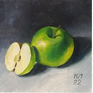Small oil painting, Green apples still life, oil painting by L. Kabakova