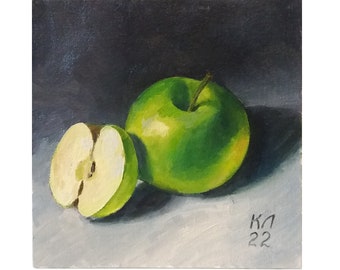 Petite peinture à l'huile, pommes vertes mortes, peinture à l'huile de L. Kabakova