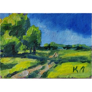Tarjeta ACEO, paisaje de verano, pintura al óleo ACEO, pintura al óleo floral, campo de verano, bellas artes florales, 3,5 x 2,5 pulgadas