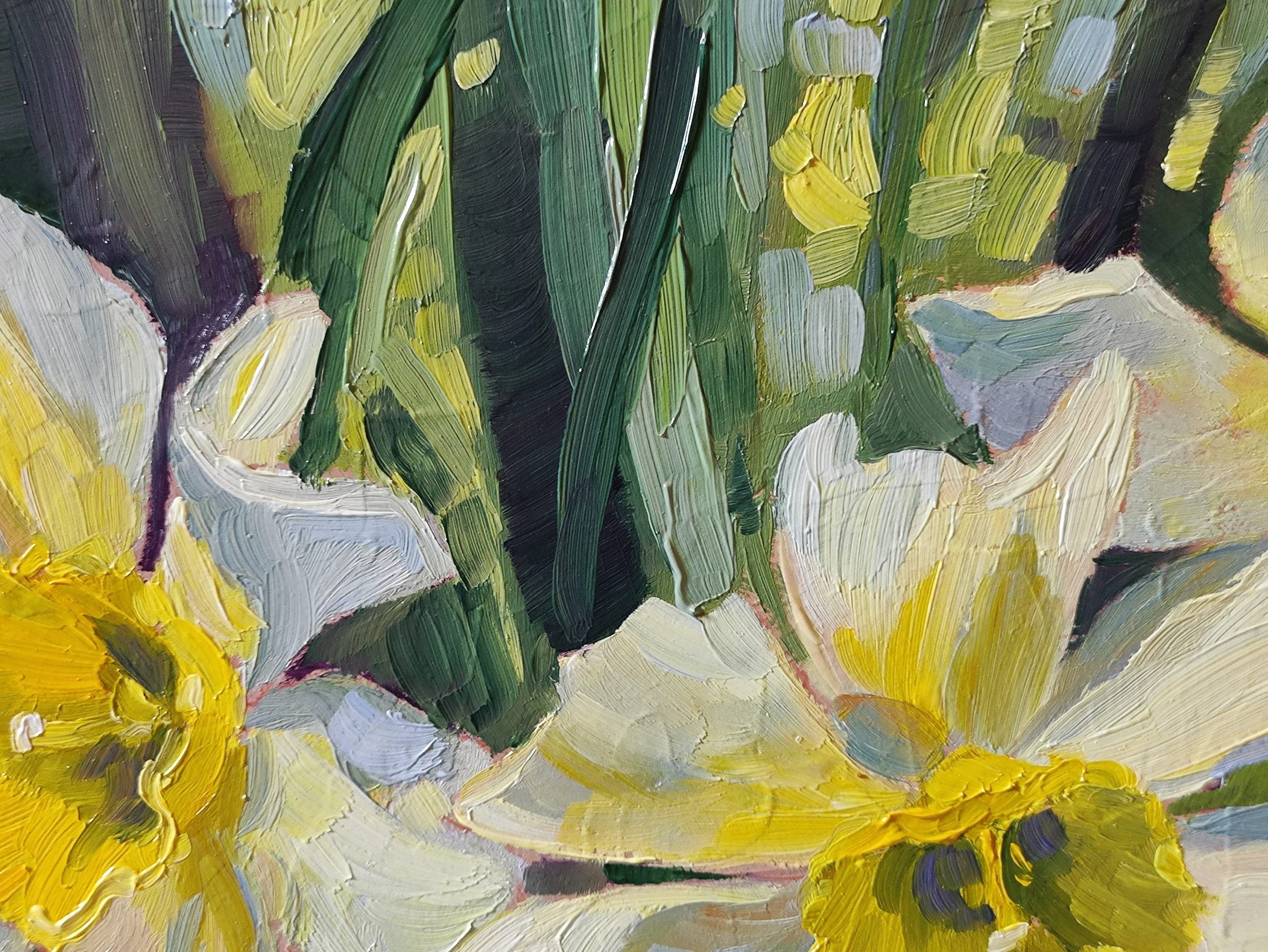水仙油絵 水仙の花の油絵：花の風景画（下地処理済みキャンバスパネル 8×12