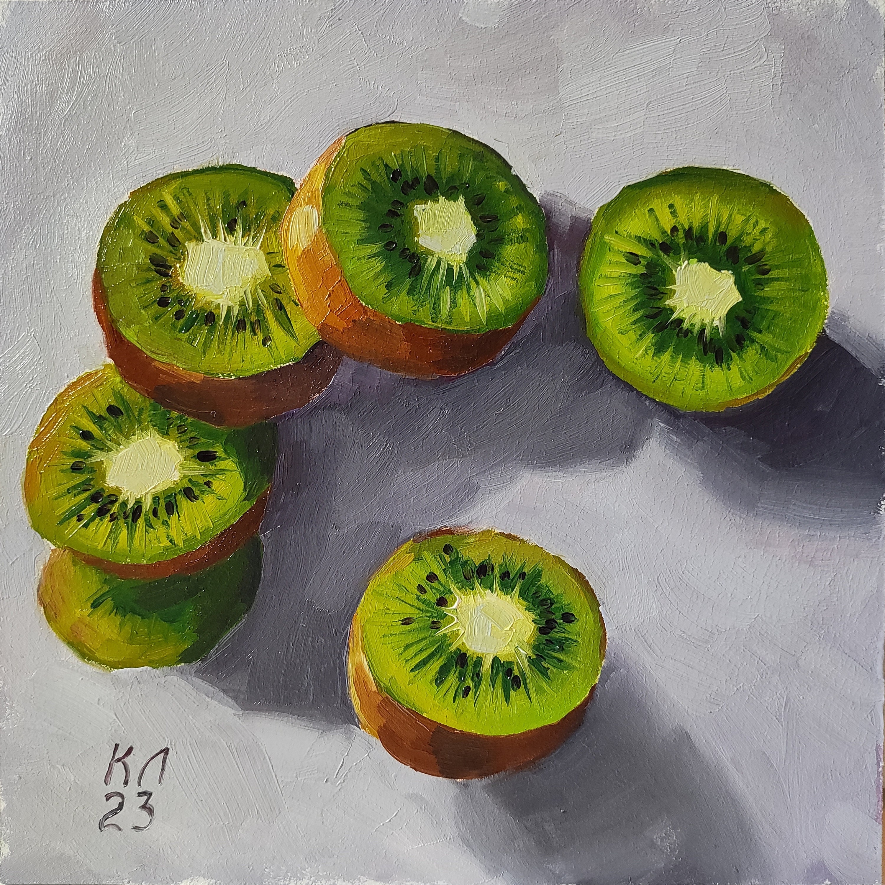 キウイフルーツの油絵：小さな静物画キッチンアート（段ボール製 8 x 8