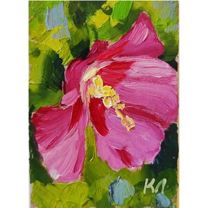 Tarjeta ACEO de flor rosa, pintura al óleo ACEO, pintura al óleo floral, flor de hibisco, bellas artes florales, pintura de hibisco 2,5 X 3,5 pulgadas