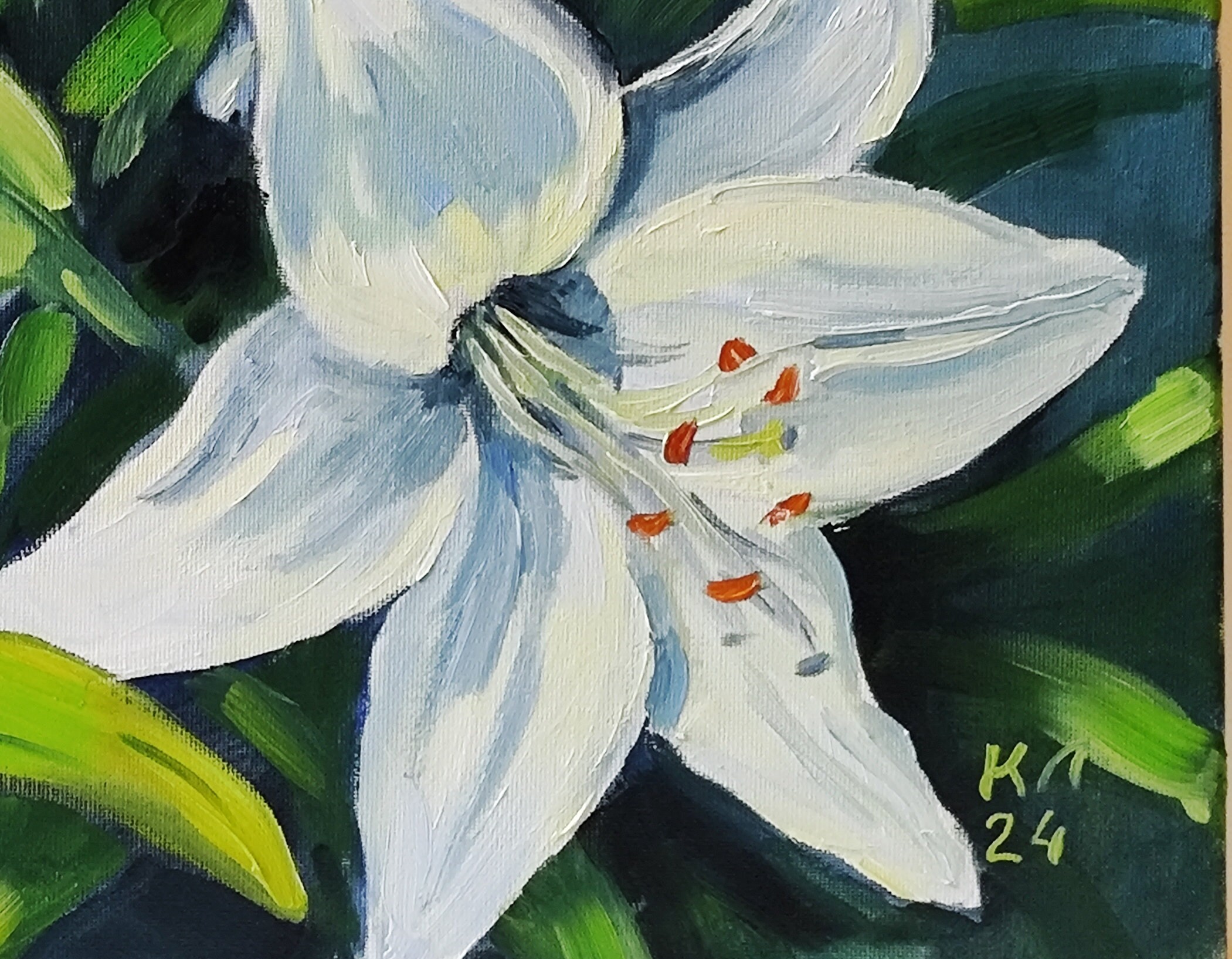 油絵、白いユリの花、花の風景、キャンバス張り、13.8 x 17.7 インチ
