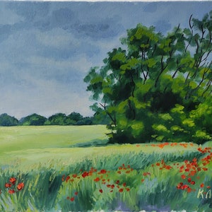 Dipinto a olio estivo ucraino, giornata nuvolosa, paesaggio di campi di grano, tela tesa 13,8 Х 17,7 pollici, decorazione murale, opera d'arte