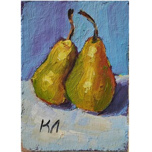 Peras amarelas, cartão ACEO, pêra, pintura a óleo ACEO, pintura a óleo de frutas 2,5 x 3,5 pol., pequena obra de arte de pêra amarela, natureza morta