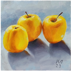 Pintura a óleo de maçã, fruta morta, pequena pintura para cozinha