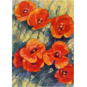 ポピーの絵画 オリジナルアート キャンバス 8x8、赤い花の油絵 ポピーの絵画 オリジナルアート キャンバス 8x8、赤い花の油絵