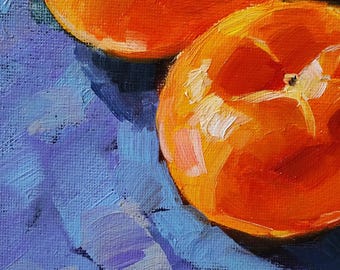 柿の油絵：小さな果物の静物画、キッチンの装飾（7.8x7.8インチ