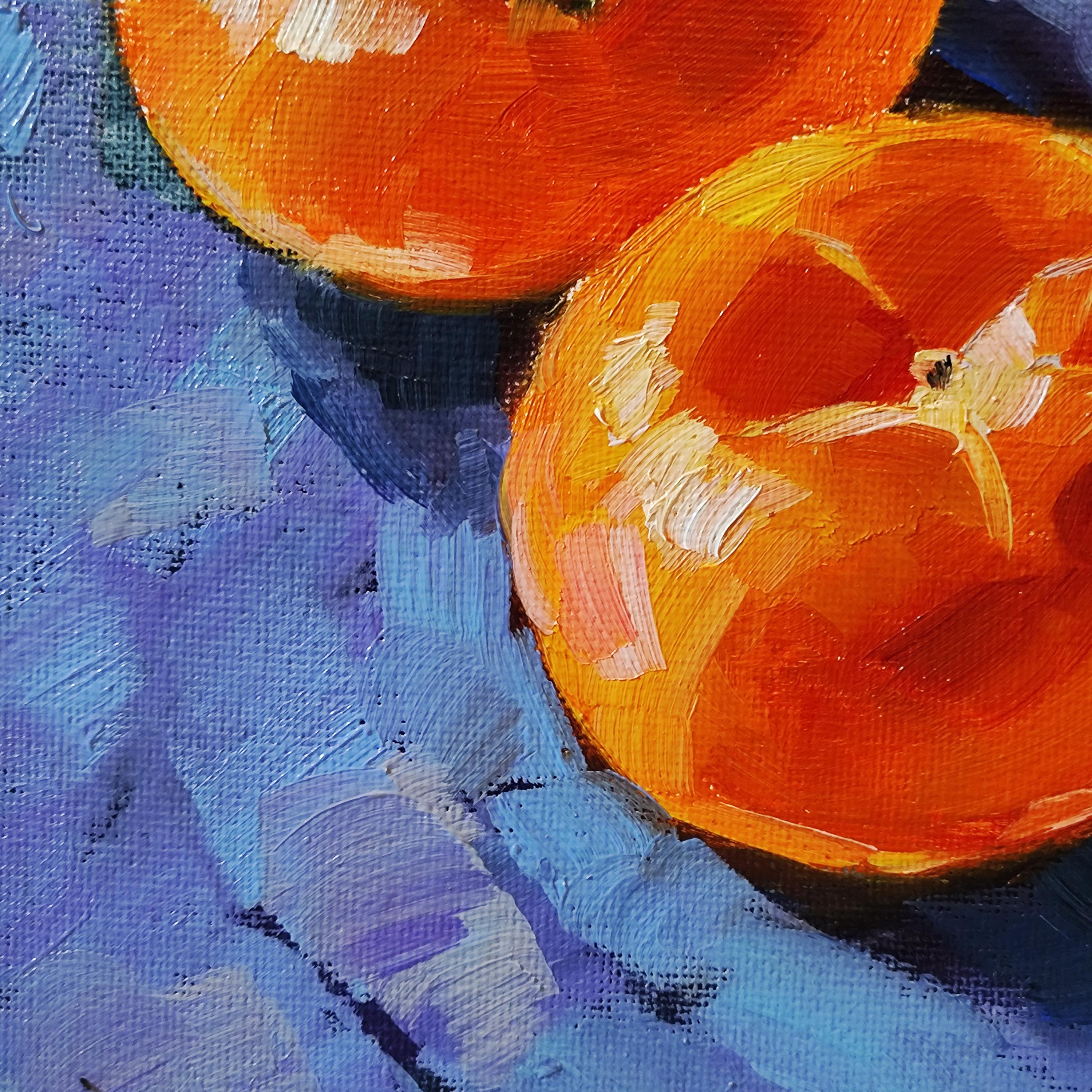 柿の油絵：小さな果物の静物画、キッチンの装飾（7.8x7.8インチ