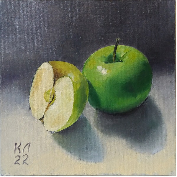 Peinture à l'huile originale, nature morte pomme verte, petite peinture à l'huile de fruits