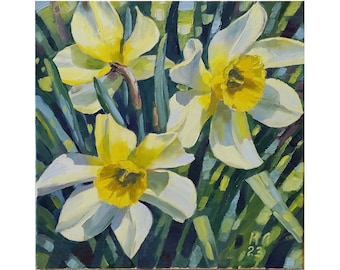 Yellow Daffodil Oil Painting: Spring Floral Landscape Art (11.8 X 11.8 in)