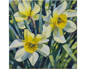 Yellow Daffodil flower, Original oil painting, spring landscape,  floral wall art, narcissus  home decor, stretched canvas 11.8 X 11.8 in