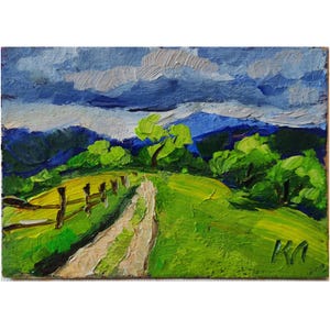 Paisaje primaveral, tarjeta ACEO, pintura al óleo ACEO, pintura al óleo floral, bellas artes florales, 3,5 x 2,5 pulgadas