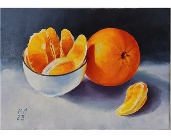 Orange still life, Citrus oil painting, 13.8 X 9.84 in, stretched canvas
