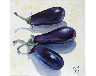 Eggplant Still Life Oil Painting on Cardboard 10 x 10 in - Kitchen Art