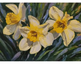 Yellow Daffodil flower oil painting, floral landscape