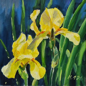 Olieverfschilderij gele iris: bloemenlandschapskunst op gespannen doek (10 x 10 in)