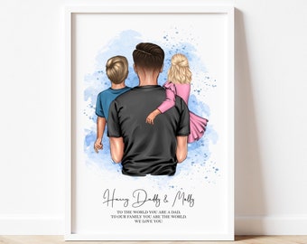 Cadeau fête des pères, impression portrait de famille papa et enfants, cadeau pour papa, cadeau d'anniversaire, cadeau de Noël, cadeau spécial papa, meilleur papa