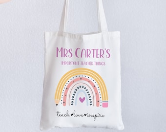 Personalised Teacher Tote Bag, Rainbow Design, Custom Name Gift