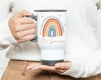 Personalised Rainbow Teacher Thermal Travel Mug, Stainless Steel Insulated Mug, Teacher gift