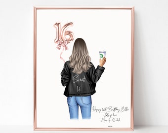 Personalised 16th Birthday Print for her (Digital or Shipped) Sweet 16 gift for friend, sister, daughter, granddaughter, niece