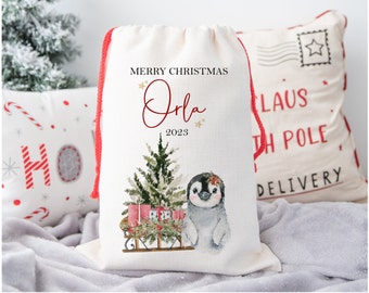 Personalised Christmas Santa Sack, Penguin Gift Bag, Christmas Sack for Daughter / Granddaughter / Sister / Friend / Cousin