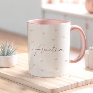 Personalized Name Mug, Pink Hearts Design, Custom Coffee Cup
