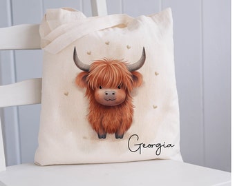 Personalised Highland Cow Tote Bag, Name Tote Bag