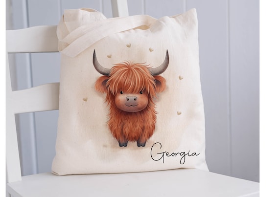 Personalised Highland Cow Tote Bag, Name Tote Bag