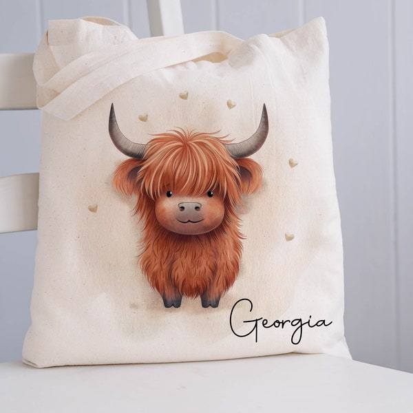 Personalised Highland Cow Tote Bag, Name Tote Bag