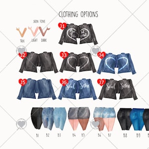 May include: A digital illustration of clothing options for a customizable friendship portrait. The image shows different styles of jackets, jeans, and shorts, with various text options like "Best Friends" and "Soul Sisters".