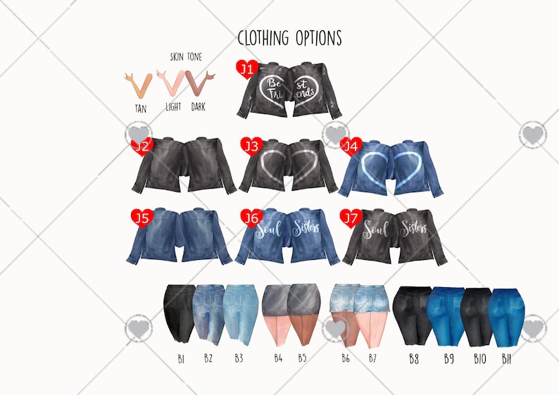 May include: A digital illustration of clothing options for a customizable friendship portrait. The image shows different styles of jackets, jeans, and shorts, with various text options like "Best Friends" and "Soul Sisters".