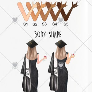May include: Two illustrations of a person wearing a black graduation gown and cap. The person is holding a diploma in one hand and a small red box in the other. The text "Class of 2024" is on the gown. The illustrations are labeled "W1" and "W2".
