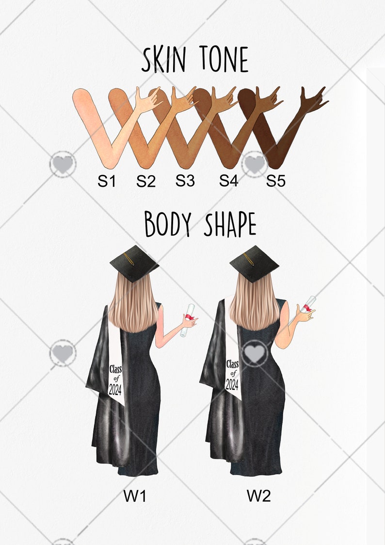 May include: Two illustrations of a person wearing a black graduation gown and cap. The person is holding a diploma in one hand and a small red box in the other. The text "Class of 2024" is on the gown. The illustrations are labeled "W1" and "W2".