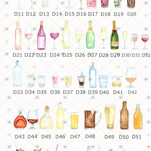 May include: A watercolor illustration of 75 different drinks, including cocktails, beers, wines, and other beverages. The drinks are labeled with numbers D1 through D75.