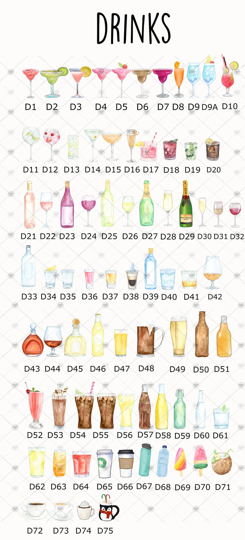 May include: A watercolor illustration of 75 different drinks, including cocktails, beers, wines, and other beverages. The drinks are labeled with numbers D1 through D75.