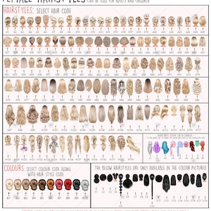 May include: A chart with a variety of female hairstyles and hair colors. The chart is labeled "Female Hairstyles" and includes a code for each hairstyle and color. The chart is designed to help customers select a hairstyle and color for a custom illustration.