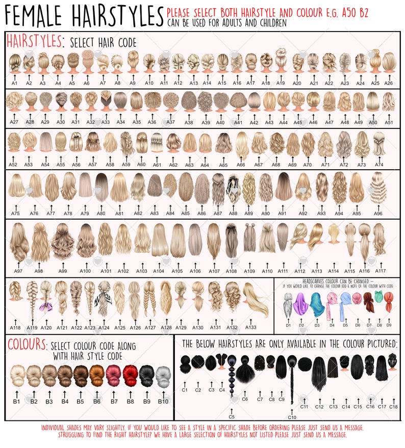 May include: A chart with a variety of female hairstyles and hair colors. The chart is labeled "Female Hairstyles" and includes a code for each hairstyle and color. The chart is designed to help customers select a hairstyle and color for a custom illustration.