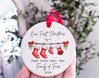 Personalised First Christmas as a Family of 4 Bauble, Baby First Christmas Tree Ornament, 1st Xmas Ornament 2026