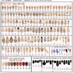 Puede incluir: Un gr&aacute;fico con una variedad de peinados y colores de cabello femeninos. El gr&aacute;fico est&aacute; etiquetado como "Peinados femeninos" e incluye un c&oacute;digo para cada peinado y color. El gr&aacute;fico est&aacute; dise&ntilde;ado para ayudar a los clientes a seleccionar un peinado y color para una ilustraci&oacute;n personalizada.