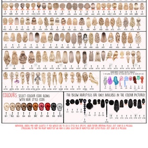 May include: A chart with a variety of female hairstyles, numbered and labeled with codes. The chart also includes a color palette with numbered codes. The text reads "Female Hairstyles: Please select both hairstyle and color e.g. A50 B2. Can be used for adults and children. Hairstyles: Select hair code. Colors: Select color code along with hair style code. The below hairstyles are only available in the color pictured. Headscarves color can be changed. If you would like to change the color do not mix the color with color code. Individual shades may vary slightly. If you would like to see a style in a specific shade before ordering please just send us a message. Struggling to find the right hairstyle? We have a large selection of hairstyles not listed please just send us a message."