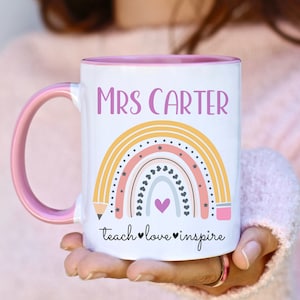 Personalised Rainbow Name Mug for Teacher with Optional Ceramic Coaster