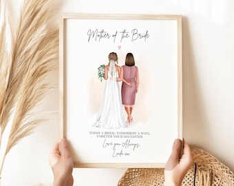 May include: A printable art print with an illustration of a bride and her mother walking down the aisle. The text reads "Mother of the Bride", "Today a bride, tomorrow a wife, forever your daughter", "Love you Always, Linda xx".