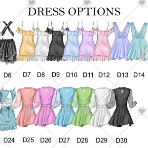 Puede incluir: Un gr&aacute;fico con 30 opciones de vestidos diferentes para una dama de honor o una ocasi&oacute;n especial. Los vestidos son de varios colores y estilos, incluyendo florales, s&oacute;lidos y estampados. El gr&aacute;fico tambi&eacute;n incluye tres opciones de tono de piel.