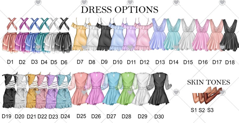 Puede incluir: Un gr&aacute;fico con 30 opciones de vestidos diferentes para una dama de honor o una ocasi&oacute;n especial. Los vestidos son de varios colores y estilos, incluyendo florales, s&oacute;lidos y estampados. El gr&aacute;fico tambi&eacute;n incluye tres opciones de tono de piel.